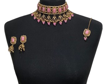 Gold Pink Bridal Choker Jewelry Set: Asian Wedding Tikka Earrings