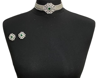 Pearl Bridal Choker Set: Silver Green Indian Wedding Jewelry