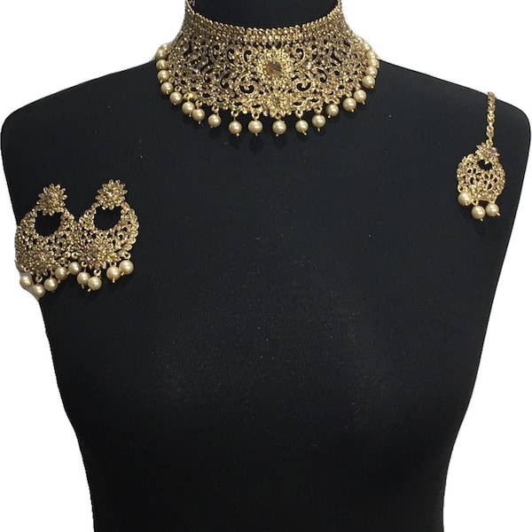 Conjunto de gargantilha de noiva com pérolas douradas: joias de casamento asiáticas