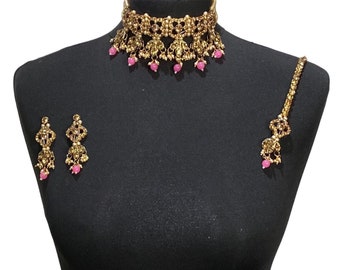 Gold Pink Bridal Choker Jewelry Set: Pakistani Indian Tikka Earrings