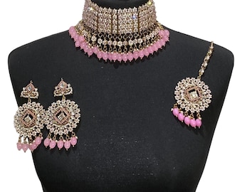 Pink Indian Bridal Jewelry Set: Necklace, Earrings, Tikka