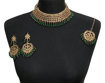 Gold & Green Pakistani Bridal Jewelry Set: Necklace, Earrings, Tikka