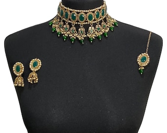 Gold Green Pakistani Bridal Jewelry Set, Asian Wedding Necklace Earrings Tikka