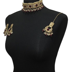Maroon Bridal Jewelry Set: Pakistani Choker, Earrings, Tikka