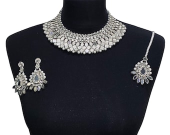 Silver Mirror Pakistani Wedding Jewelry Set: Necklace, Earrings, Tikka