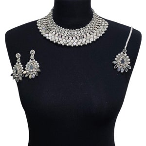 Silver Mirror Pakistani Wedding Jewelry Set: Necklace, Earrings, Tikka