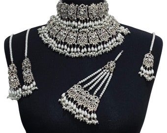 Orecchini gioielli placcati argento da sposa indiani Bollywood set