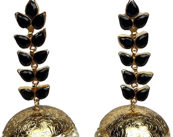 Black Leaf Jhumka Earrings: Pakistani Indian Jewelry, Pearl Detail