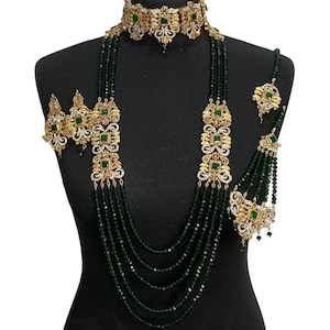 Pakistani Bridal Jewelry Set: Gold, Green Necklace, Earrings, Tikka
