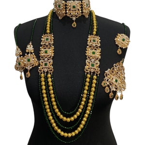 Gold Pakistani Bridal Jewelry Set: Green Necklace, Earrings, Tikka & Jhumar