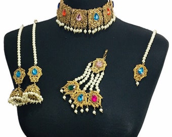 Mehendi Jewelry Set: Multicolored Choker, Tikka, Earrings, Jhumar