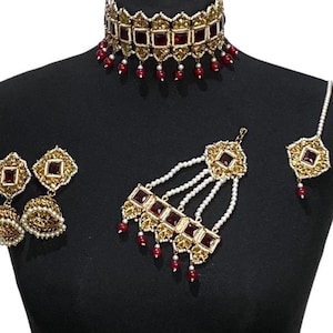 Maroon gold Pakistani jewellery Pakistani choker & jhumka Pakistani jewelry choker indian wedding jewelry engagement bridal red choker set