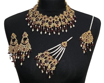 Conjunto de joyas nupciales en granate y dorado: collar indio pakistaní, pendientes Jhumar Tikka