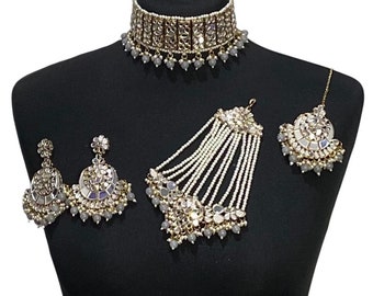 I Jewels Silver Plated Stone Choker Necklace Set - Traditional Kundan Necklace, Earrings & Maang Tikka For Women