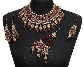 Conjunto de joyas nupciales en granate y dorado: collar indio pakistaní con pendientes Tikka Jhumar