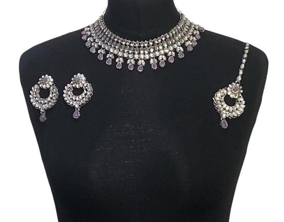 Lilac Kundan Jewelry Set: Silver Indian Wedding Jewellery