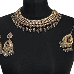 Grey gold Pakistani jewellery Pakistani necklace & chandbali Pakistani jewelry gray indian wedding jewelry engagement bridal wedding jewelry