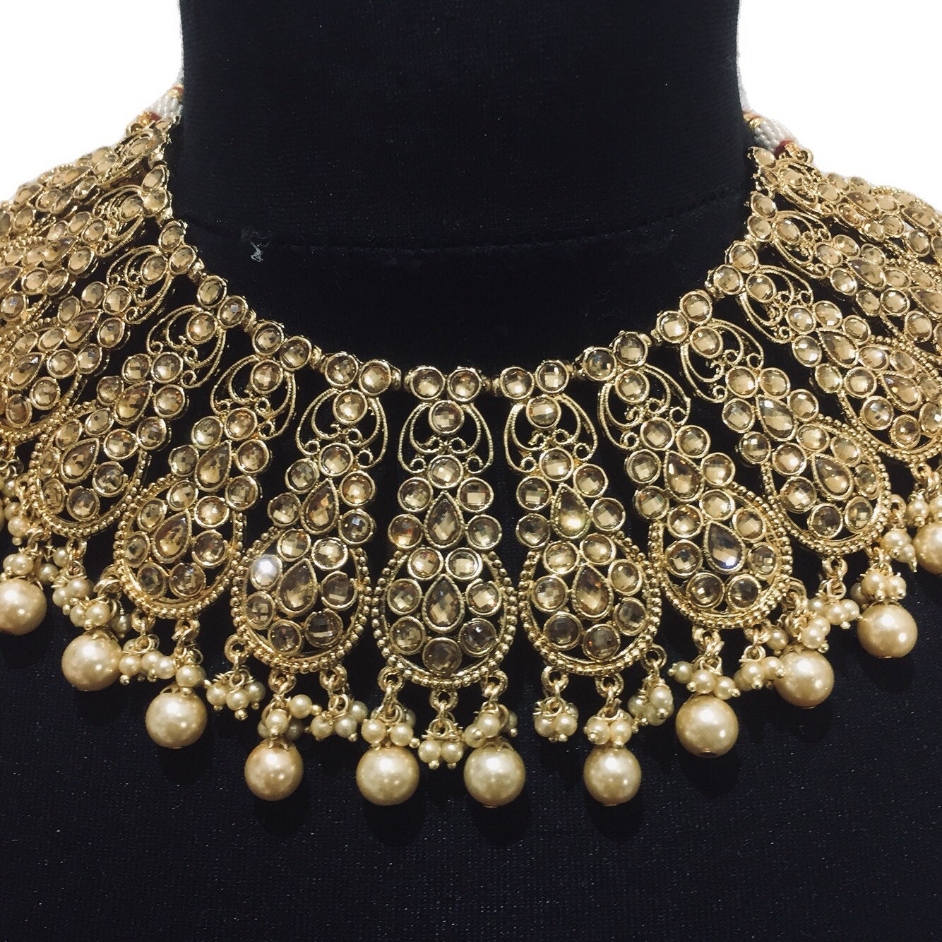 Gold coloured pearl Pakistani bridal necklace jewellery set Etsy