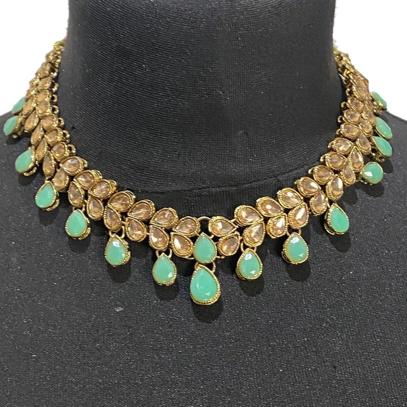 Mint Pakistani Jewelry Set: Necklace, Earrings, Tikka image 5