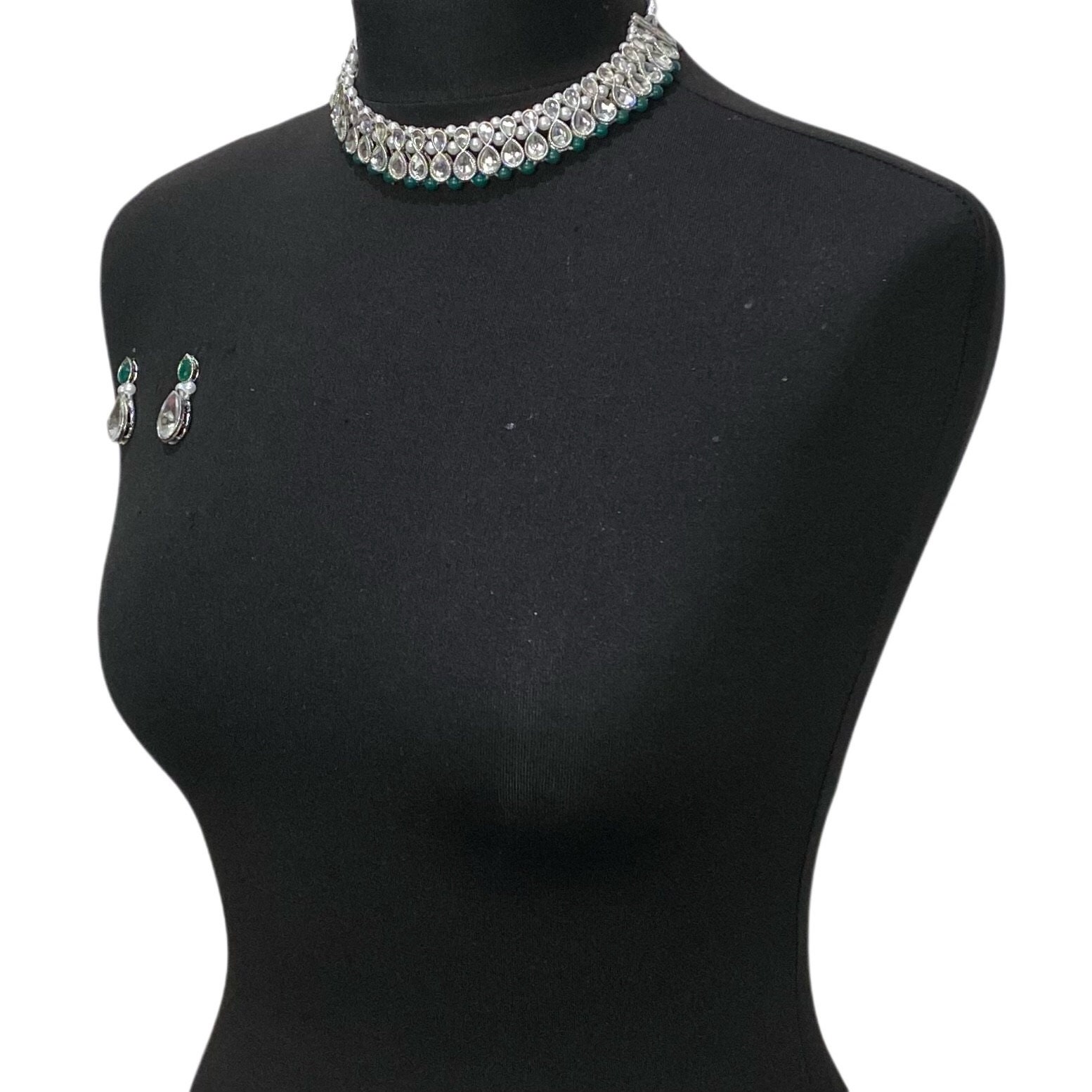 Set Gioielli Indiani AD In Argento Placcato Con Zirconi - Orecchini E Collana Etniche