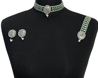 Mint Green Choker Set: Pakistani Silver Wedding Jewelry