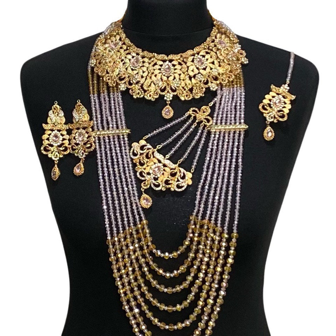 Gold Baby Pink Crystal Pakistani Bridal Choker Jewellery Set Including