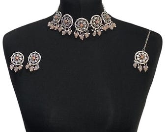 Ensemble ras de cou kundan fait main : pêche, bijoux indiens en argent