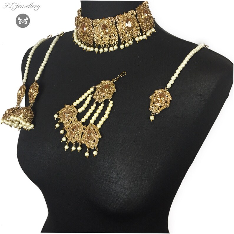 gold champagne Pakistani wedding jewelry indian wedding jewelry indian choker Pakistani jewelry Pakistani choker indian jewelry