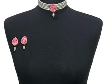 Pink Pearl Kundan Choker Necklace Set: Indian Bridal Jewelry