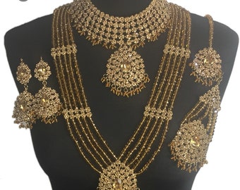Conjunto de joias de noiva paquistanesas: colar de ouro, brincos, tikka