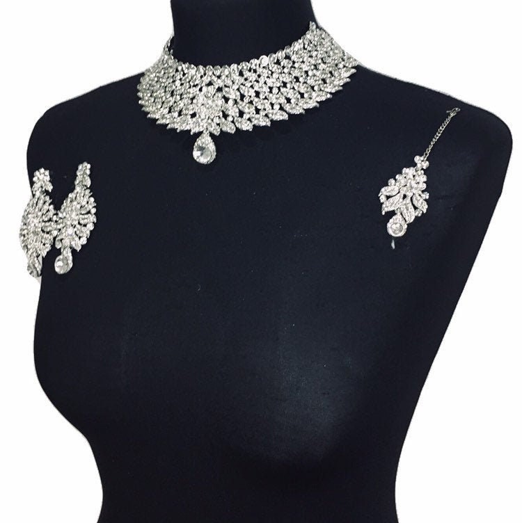 Pakistani Wedding Jewelry Set: Silver Choker, Earrings & Tikka
