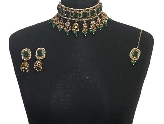 Green Gold Pakistani Choker Set, Wedding Jewelry, Bridal Diamonte Necklace
