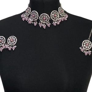 Light pink silver Pakistani jewellery Indian jewelry pink Indian choker Pakistani jewelry indian Kundan jewellery indian wedding choker set