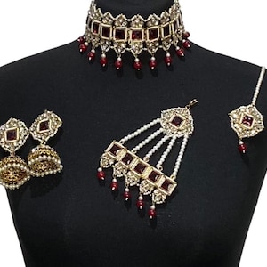 Maroon gold Pakistani jewellery Pakistani choker & jhumka Pakistani jewelry choker indian wedding jewelry engagement bridal red choker set