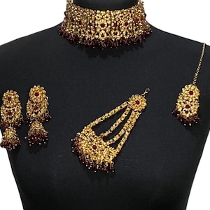 Maroon gold Pakistani jewellery Pakistani choker & jhumka Pakistani jewelry choker indian wedding jewelry engagement bridal red choker set