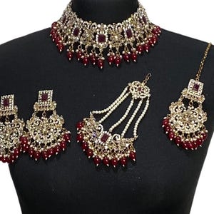 Maroon golden Pakistani jewellery Pakistani choker & chandbali indian jewelry choker indian wedding jewelry engagement bridal red choker set