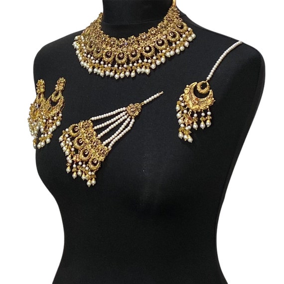 Asian Bridal Jewelry Set: Gold Necklace, Earrings, Jhumar, Tikka