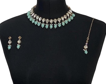 Mint Green Kundan Indian Jewelry Set, Wedding Necklace Earring Tikka