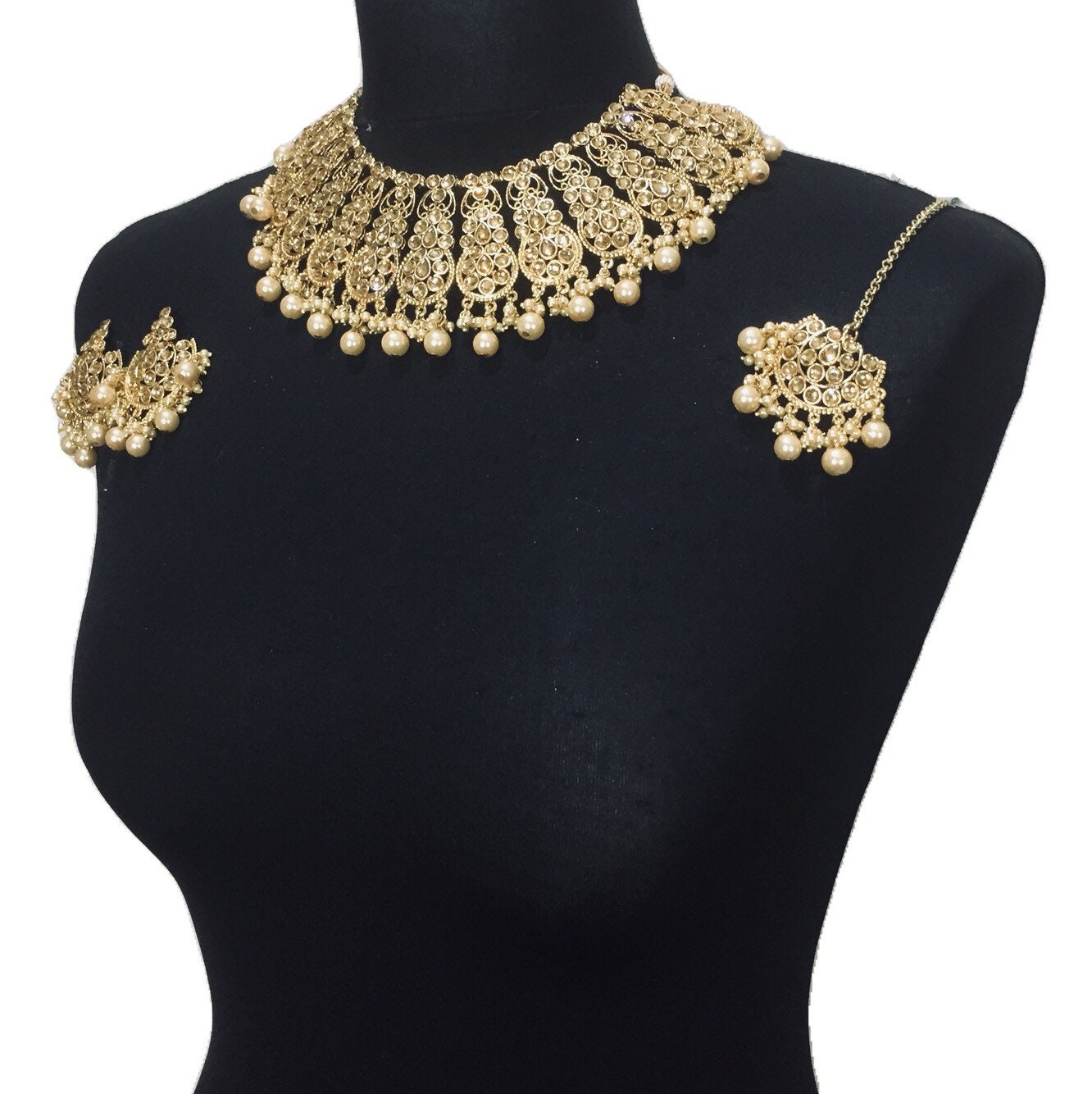 Gold coloured pearl Pakistani bridal necklace jewellery set | Etsy