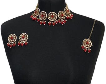 Red Kundan Choker Set, Indian Wedding Jewelry: Earrings & Tikka