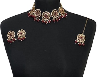 Maroon Kundan Choker Set: Indian Pakistani Jewelry, Earrings, Tikka