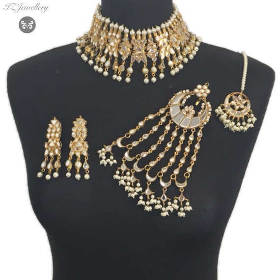 Pakistani Kundan Bridal Jewelry Set: Choker, Earrings, Jhumar