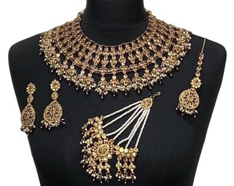 Purple Gold Indian Bridal Jewelry Set: American Diamond Necklace, Earrings, Tikka, Jhumar