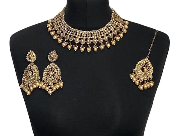 Golden Pearl Indian Bridal Jewelry Set: Pakistani Necklace Earrings Tikka