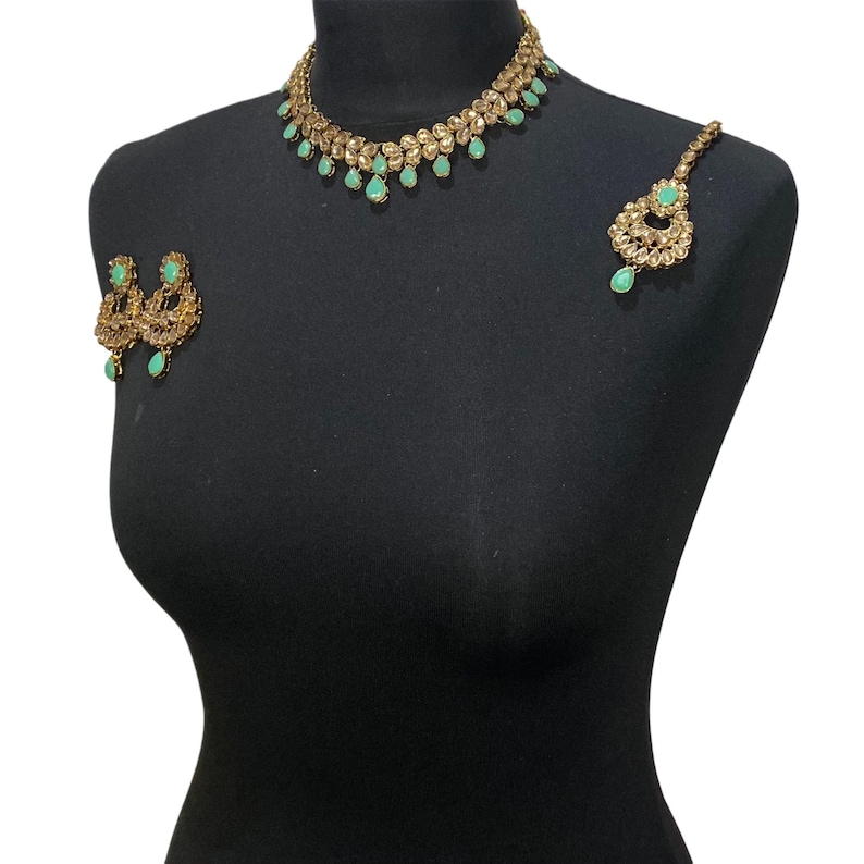 Mint Pakistani Jewelry Set: Necklace, Earrings, Tikka image 2