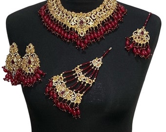 Conjunto de joyas nupciales en granate y dorado: collar indio pakistaní con pendientes Tikka Jhumar