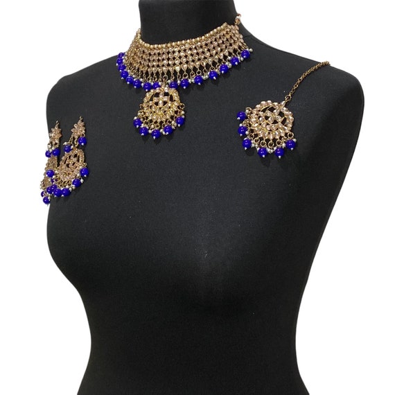 Royal Blue Indian Jewelry Set: Choker, Earrings, Tikka Canada
