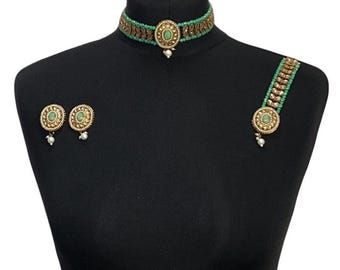Mint Green & Gold Choker Set, Pakistani Indian Wedding Jewelry