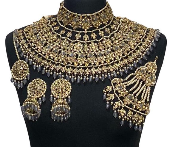 Grey Gold Bridal Jewelry Set: Indian Jodha Style, Jhumka