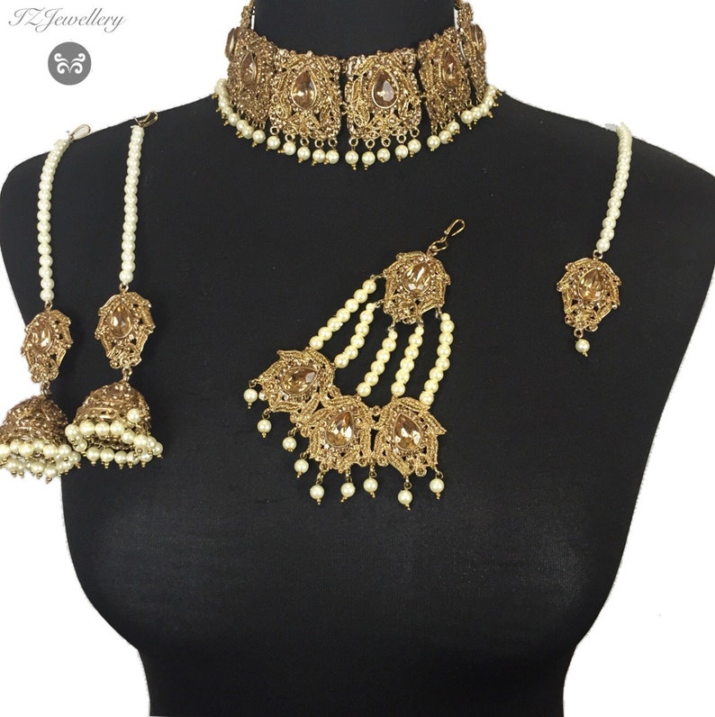 gold champagne Pakistani wedding jewelry indian wedding jewelry indian choker Pakistani jewelry Pakistani choker indian jewelry